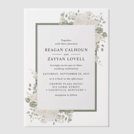 アイボリーとセージエレガントフローラフレ結婚ーム ベラム紙招待状 (正面)