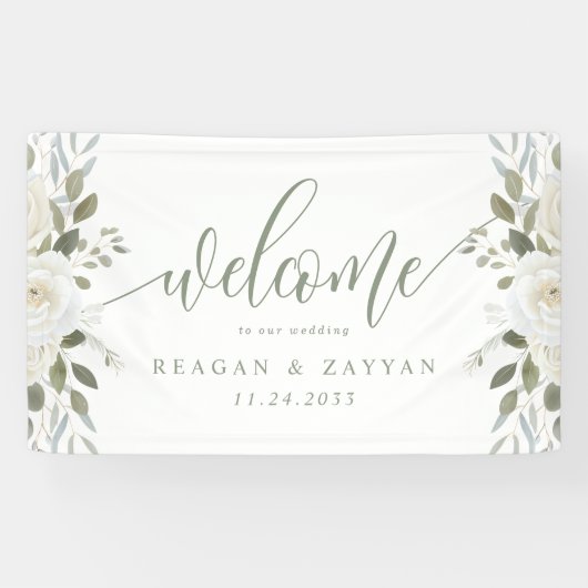 アイボリーとセージエレガントフローラ結婚の歓迎 横断幕 (横)