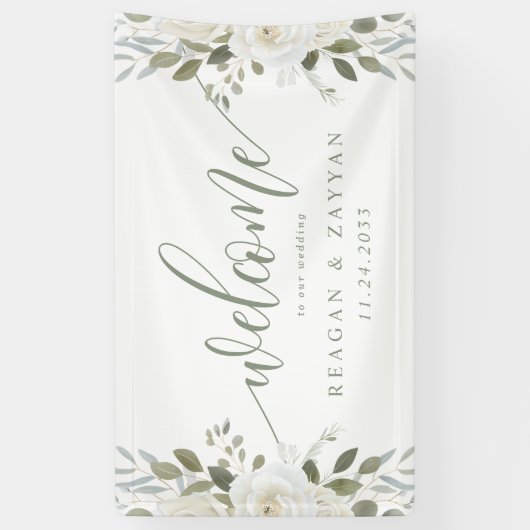 アイボリーとセージエレガントフローラ結婚の歓迎 横断幕 (縦)