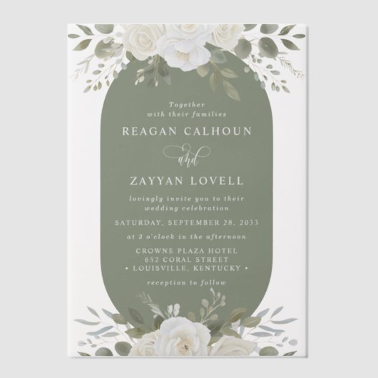 アイボリーとセージエレガントフローラ結婚ズ ベラム紙招待状 (正面)