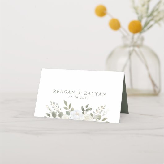 アイボリーとセージエレガントフローラ結婚テーブル プレイスカード (裏面)