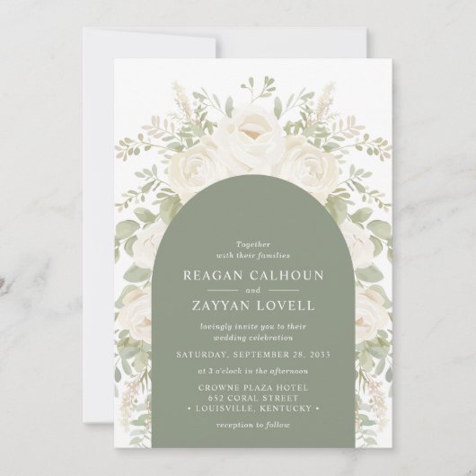 アイボリーとセージエレガントフローラ結婚 招待状 (正面)