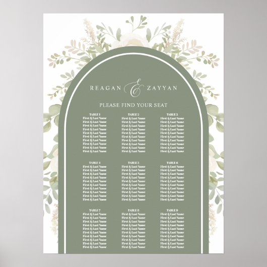 アイボリーとセージフローラ結婚アーチの座席表 ポスター (正面)