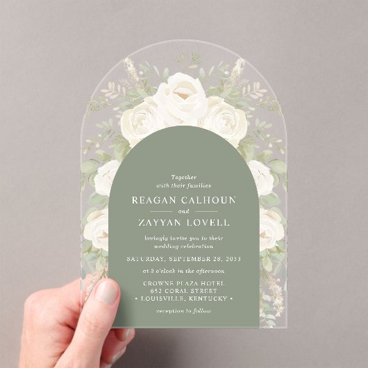 アイボリーとセージモダンアーエレガントクフローラ結婚ズ アクリル招待状 (インサイチュ (ポータブル))