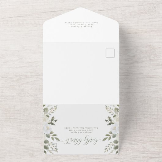 アイボリーとセージ洗練されたフローラ結婚ズ オールインワン招待状 (外側)