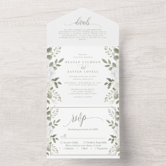 アイボリーとセージ洗練されたフローラ結婚ズ オールインワン招待状 (内側)