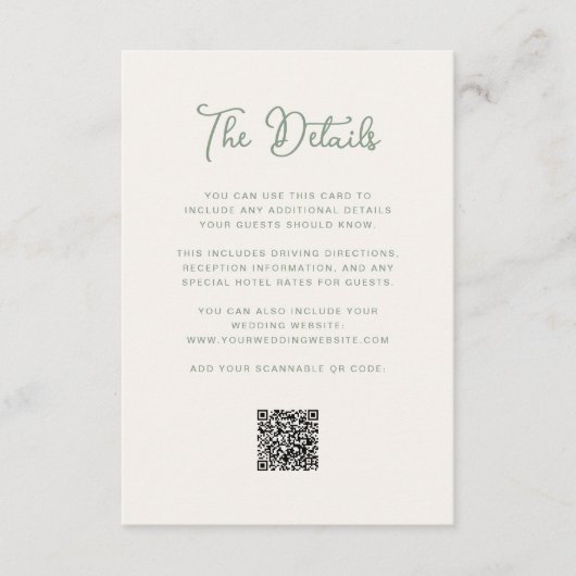 アイボリーとセージ結婚グリーンのゲスト詳細QRコード エンクロージャーカード (正面)