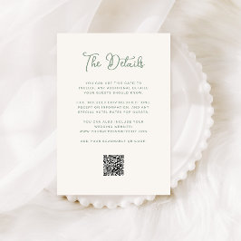 アイボリーとセージ結婚グリーンのゲスト詳細QRコード エンクロージャーカード