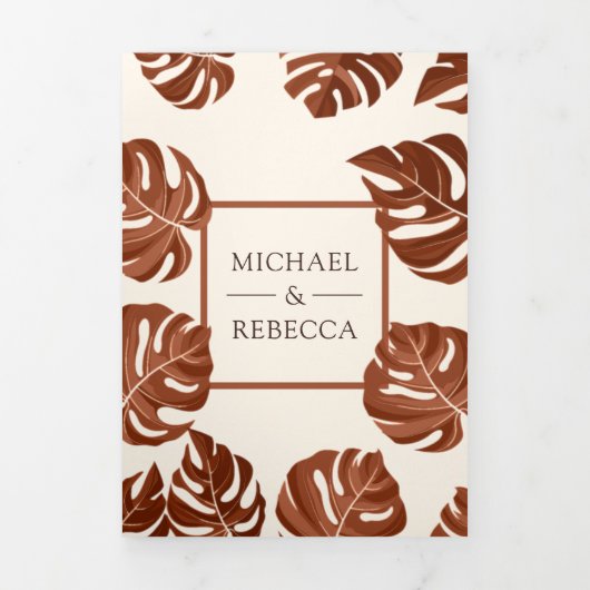 アイボリーとテラコッタモンステラ離れの写真結婚の写真 三つ折り招待状 (カバー)