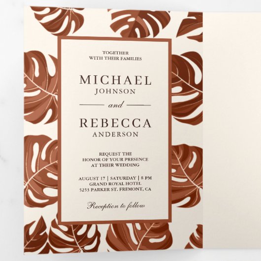 アイボリーとテラコッタモンステラ離れの写真結婚の写真 三つ折り招待状 (内部最初)