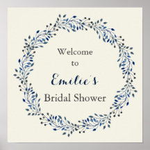 アイボリーとネイビーの花のウェディングシャワー Welcome Sign