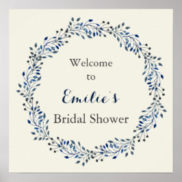 アイボリーとネイビーの花のウェディングシャワー Welcome Sign ポスター
