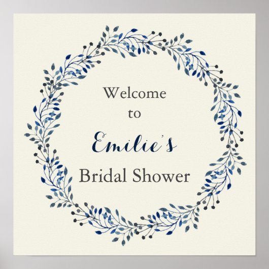 アイボリーとネイビーの花のウェディングシャワー Welcome Sign ポスター (正面)