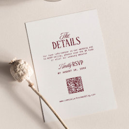 アイボリーとバーガンディーの結婚式の詳細 RSVP QRコード エンクロージャーカード