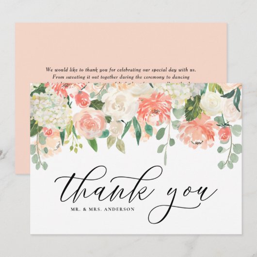 アイボリーとピンクの水彩 牡丹とハイドランジア サンキューカード (正面/裏面)