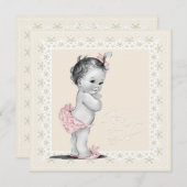アイボリーとピンクの赤ちゃんガールシャワー 招待状 (正面/裏面)