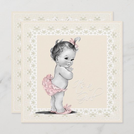 アイボリーとピンクの赤ちゃんガールシャワー 招待状 (正面/裏面)