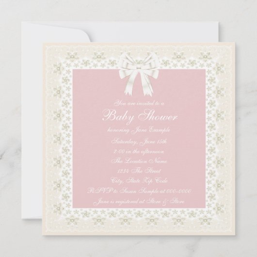 アイボリーとピンクの赤ちゃんガールシャワー 招待状 (裏面)