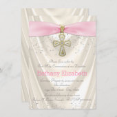 アイボリーとピンククロスファースト・コミュニオンサテン 招待状 (正面/裏面)