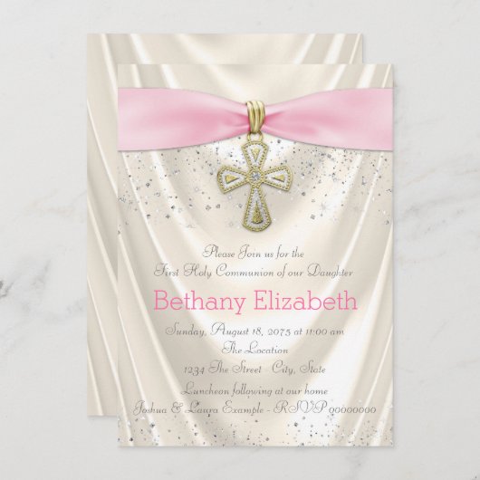 アイボリーとピンククロスファースト・コミュニオンサテン 招待状 (正面/裏面)