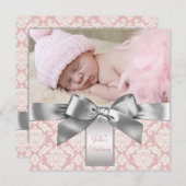 アイボリーとピンクダマスクベビーガールフォト《キリスト教》洗礼式や命名式 招待状 (正面/裏面)