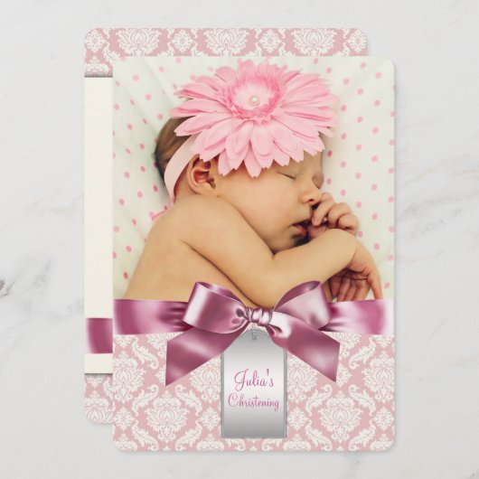アイボリーとピンクダマスクベビーガールフォト《キリスト教》洗礼式や命名式 招待状 (正面/裏面)