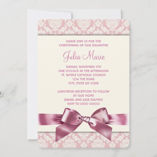 アイボリーとピンクダマスクベビーガールフォト《キリスト教》洗礼式や命名式 招待状 (裏面)
