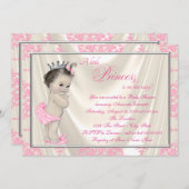アイボリーとピンクダマスクベビーシャワーサテン 招待状 (正面/裏面)