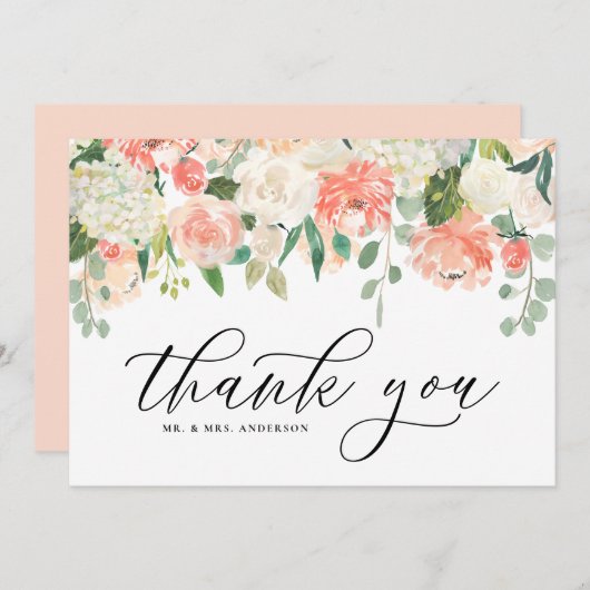 アイボリーとピーチの水彩 牡丹とハイドランジア サンキューカード (正面/裏面)
