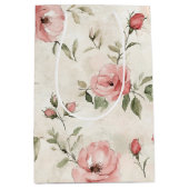 アイボリーとブッシュピンクのローズの花のプリンセスシャワー ミディアムペーパーバッグ (正面)