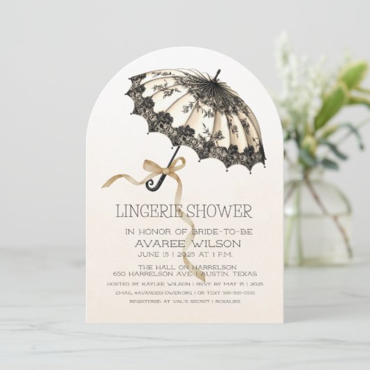 アイボリーとブラックの傘とリボンブライダルシャワー 招待状 (スタンド正面)