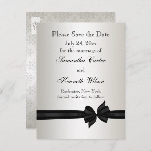 アイボリーとブラックダマスクウェディング招待状 案内ポストカード (正面/裏面)