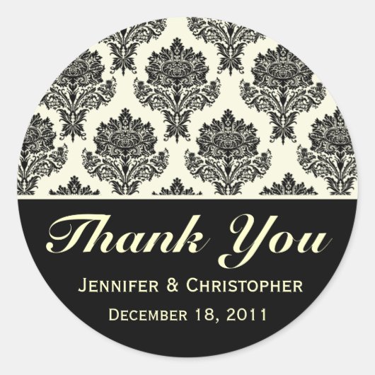 アイボリーとブラックダマスクカスタマイズ可能なシール ラウンドシール (正面)