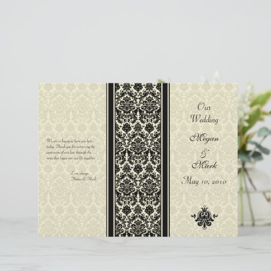 アイボリーとブラックダマスク結婚式プログラム (スタンド正面)