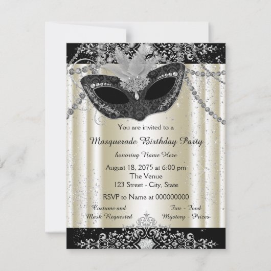 アイボリーとブラックパールグリッター仮装パーティー 招待状 (正面)