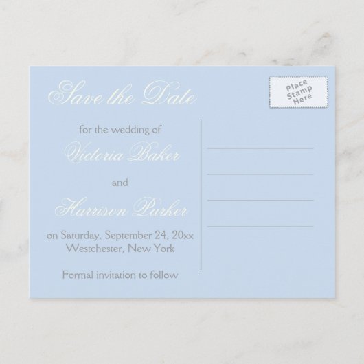 アイボリーとブルーダマスク日付はがきを保存 案内ポストカード (裏面)