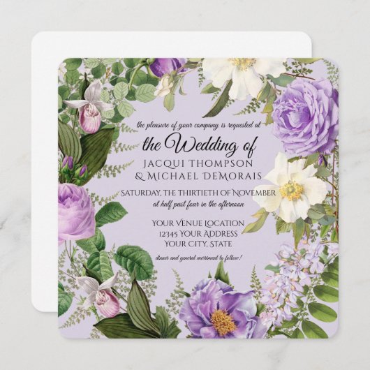 アイボリーとラベンダーバラヴィンテージ植物学フローラ 招待状 (正面/裏面)