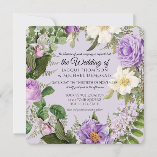 アイボリーとラベンダーバラヴィンテージ植物学フローラ 招待状 (正面)