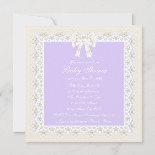 アイボリーとラベンダーベビーガールシャワー 招待状 (裏面)