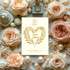 アイボリーと暗い金ゴールドハート日付を保存結婚する 招待状