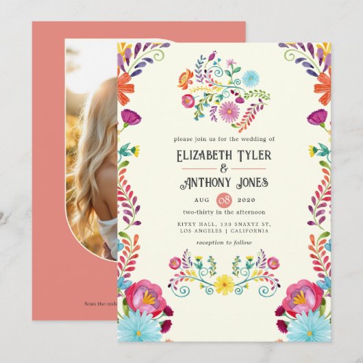 アイボリーと焦茶色のコーラルフラワーメキシカンフィエスタ結婚式 招待状 (正面/裏面)