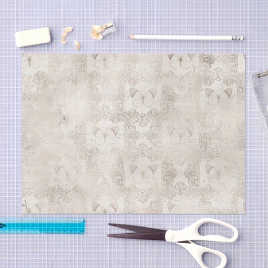 アイボリーと白華美蝶ヴィンテージダマスク 薄葉紙 (クラフト)