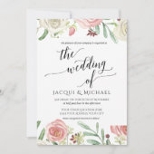 アイボリーと赤面フローラ結婚のバラ葉 招待状 (正面)