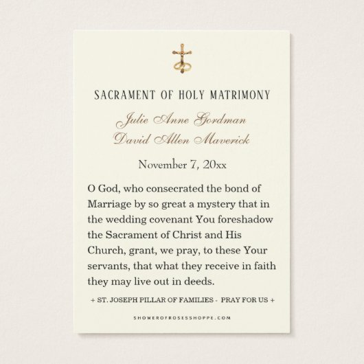 アイボリーと金ゴールドカトリック聖ジョセフ結婚祈りの言葉 (裏面)