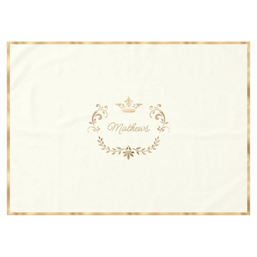 アイボリーと金ゴールドクラウンクレストパーソナライズされた テーブルクロス (正面(横))