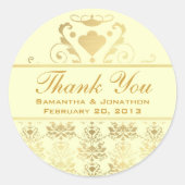 アイボリーと金ゴールドダマスクウェディングサンキュー ラウンドシール (正面)