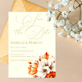 アイボリーと金ゴールドフローラ日付の結婚保存 招待状