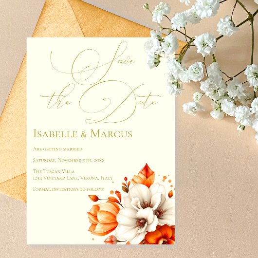 アイボリーと金ゴールドフローラ日付の結婚保存 招待状