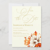 アイボリーと金ゴールドフローラ日付の結婚保存 招待状 (正面)
