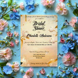 アイボリーと金ゴールドブライダルシャワーレースとフローラ 招待状